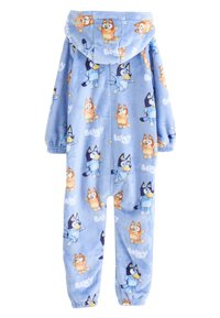 Grenouillère pour enfants en polaire bleue avec capuche, présentant des personnages de chiens dessinés en style cartoon dispersés, avec des poignets et des chevilles élastiques.