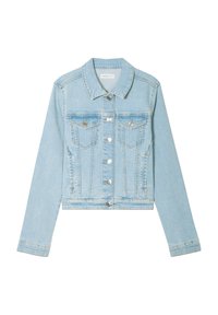 Chaqueta de mezclilla azul claro con un diseño corto, dos bolsillos en el pecho, botones plateados y un cuello clásico. Presenta una tela texturizada.