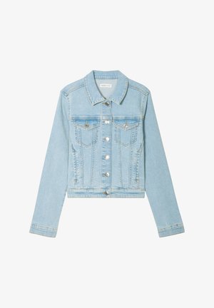 Hellblaue Jeansjacke mit cropped Design, zwei Brusttaschen, silbernen Knöpfen und klassischem Kragen. Besitzt einen strukturierten Stoff.