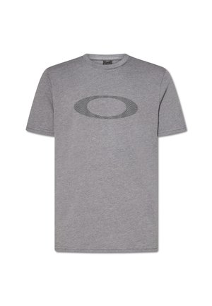 T-shirt grigia a maniche corte con scollo rotondo e grande logo ovale centrato sul petto.