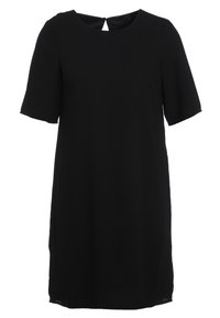 Robe noire à manches courtes avec un col rond et une petite découpe en forme de goutte d'eau à l'arrière. Fabriquée en tissu doux avec une texture lisse.