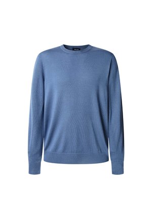 Blauwe gebreide trui met lange mouwen en een ronde halslijn. Heeft een ribbelstructuur en een aansluitende zoom op de taille en de mouwen.