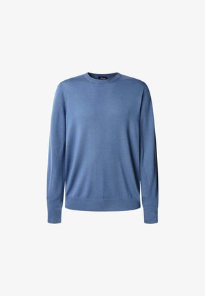 Blauwe gebreide trui met lange mouwen en een ronde halslijn. Heeft een ribbelstructuur en een aansluitende zoom op de taille en de mouwen.