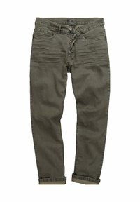 Jeans verde oliva in cotone. Presentano un taglio affusolato, due tasche anteriori e una chiusura con zip e bottone. Cuffie arrotolate e dettagli testurizzati.