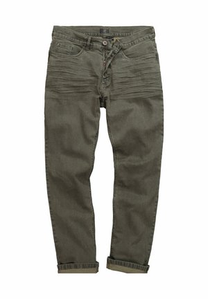 Jeans verdes oliva de algodón. Con pierna ajustada, dos bolsillos delanteros y cierre de cremallera con botón. Puños enrollados y detalles texturizados.