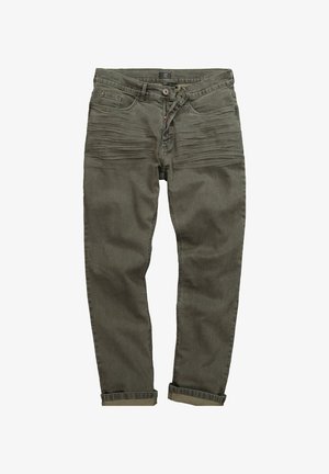 Olijfgroene jeans van katoen. Heeft een taps toelopende pijp, twee voorzakken en een ritssluiting met een knoopsluiting. Opgerolde manchetten en textuurdetails.