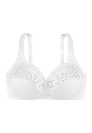 Witte kanten beha met een bloemenpatroon, zachte satijnen stof, verstelbare banden en een klein strikje tussen de cups.