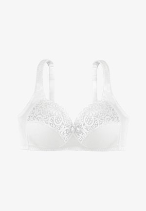 Bra bianco in pizzo con motivo floreale, tessuto di raso morbido, spalline regolabili e un piccolo dettaglio a fiocco tra le coppe.