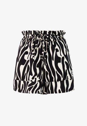 Čierno-biele šortky so vzorom zebry s elastickým pásom, nastaviteľným šnúrkou a voľným strihom. Vyrobené z ľahkej látky.