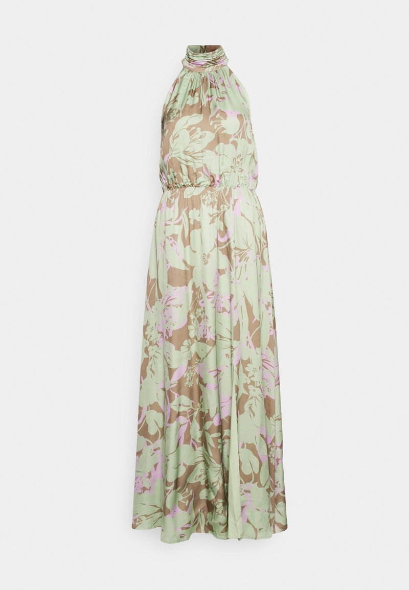 Robe maxi sans manches à col halter avec taille froncée, présentant un grand imprimé floral en vert pastel, beige et rose clair.