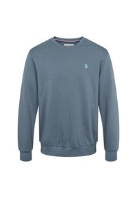 Blauwe crewneck sweatshirt gemaakt van een katoenmengsel. Heeft lange mouwen, ribgebreide manchetten en tailleband, met een klein logo op de borst.