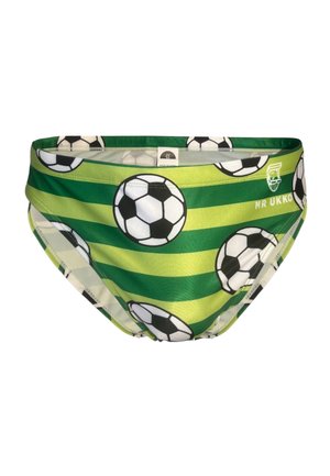 Vihreät raidoitetut uimahousut, joissa mustavalkoinen jalkapallokuvio ja "MR UKKO" -brändäys etuosan oikealla puolella.