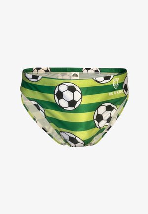 Vihreät raidoitetut uimahousut, joissa mustavalkoinen jalkapallokuvio ja "MR UKKO" -brändäys etuosan oikealla puolella.