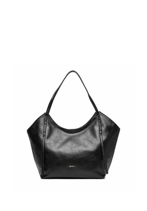 Czarna skórzana torba na ramię z dwoma paskami i szerokim, miękkim korpusem, z małym logo "JENNY" z przodu.