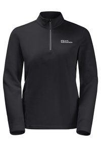 Pullover in pile nero con colletto con zip. Presenta una superficie testurizzata sottile e un piccolo logo sul lato sinistro superiore.
