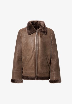 Braune Wildlederjacke mit einem Kragen und Manschetten aus Kunstfell, ausgestattet mit einem Frontreißverschluss, seitlichen Taschen und einer strukturierten Oberfläche.