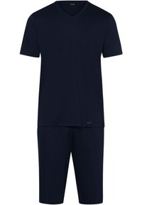 Navyblaues kurzärmliges V-Ausschnitt-T-Shirt kombiniert mit passenden knielangen Shorts, gefertigt aus weichem Material mit glatter Textur.