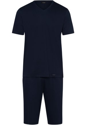 Navy blue short-sleeve V-neck t-shirt paired with matching knee-length shorts, crafted from soft fabric with a smooth texture.