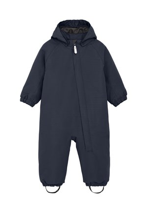 Navyblauer wasserdichter Schneeanzug für Kleinkinder mit Kapuze, langen Ärmeln, elastischen Bündchen und Fußschlaufen, ausgestattet mit einem Frontreißverschluss für einfachen Zugang.