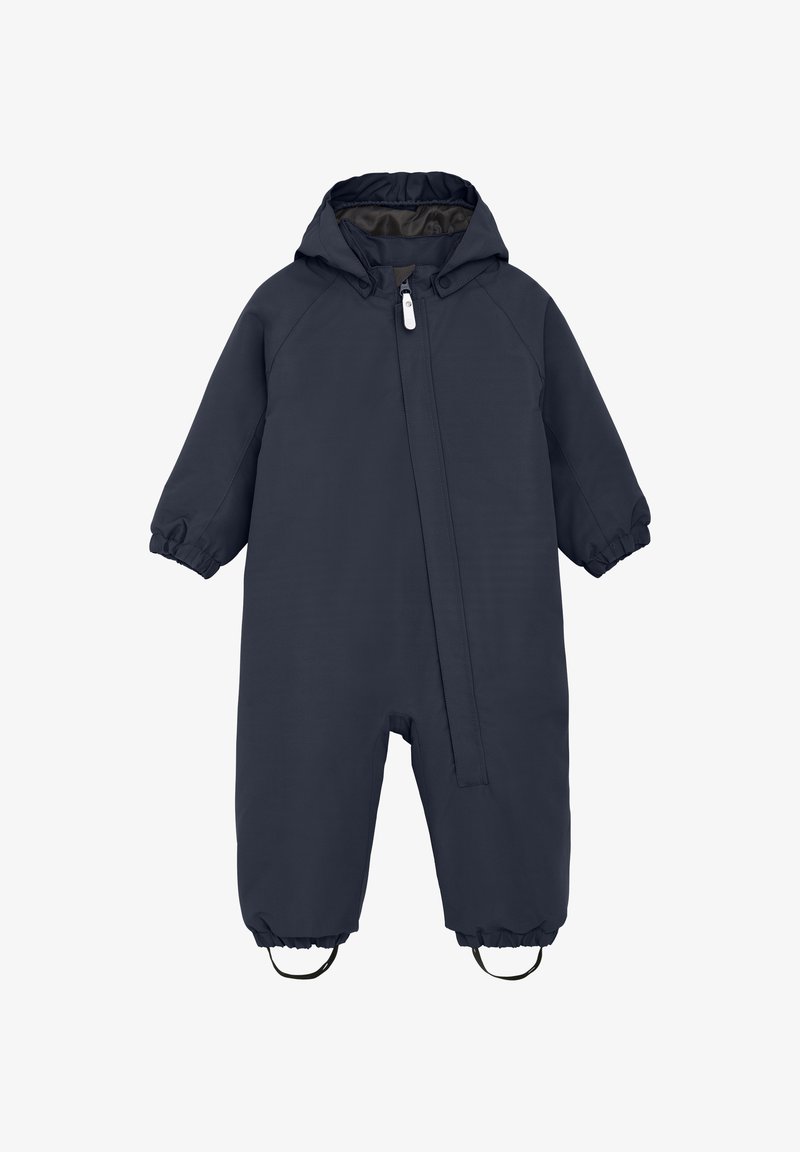 Navy waterdichte baby sneeuwpak met een capuchon, lange mouwen, elastische manchetten en voetbandjes, met een rits aan de voorkant voor gemakkelijke toegang.
