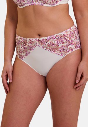 Culottes taille haute en tissu crème clair avec un imprimé floral en rose et orange sur le dessus, présentant une texture lisse et des éléments de design contrastants.