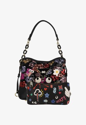 Bolso de lentejuelas con una variedad de diseños coloridos, incluyendo ojos exagerados y parches divertidos, con un bolsillo desmontable con cremallera.