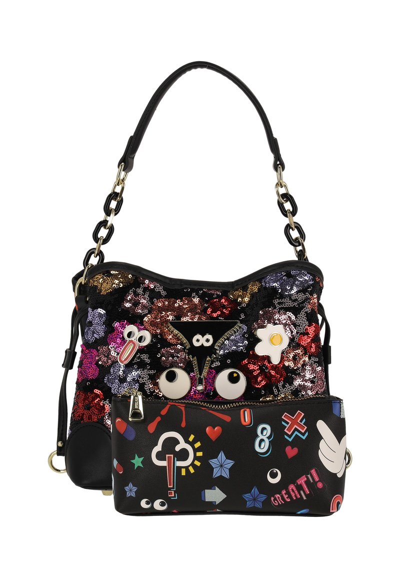 Flitteres kézitáska, amely különféle színes mintákat tartalmaz, többek között túlzó szemeket és játékos foltokat, levehető cipzáras zsebbel.