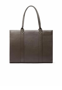 Bruine leren tote bag met een gladde textuur, rechthoekige vorm en twee stevige handvatten. Heeft drie verticale naden aan de voorkant.