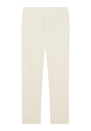 Pantalones rectos de color crema con trabillas para cinturón y bolsillos delanteros.