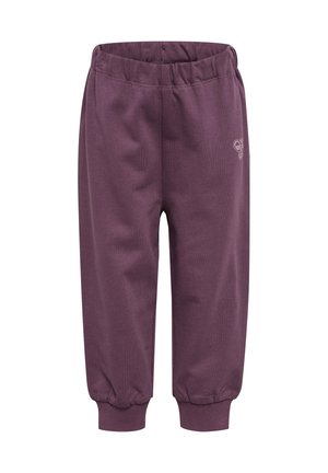 Lila elastische Sweatpants mit Bündchen und kleinem Schmetterlingslogo oben links, von vorne auf weißem Hintergrund dargestellt.
