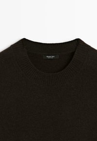 Donkerbruine gebreide crewneck trui met ribbelkraag en het Massimo Dutti label genaaid in de hals.