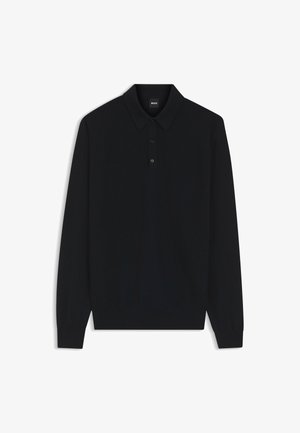 Zwarte poloshirt met lange mouwen van gestructureerde gebreide stof, voorzien van een klassieke kraag, een drieknopensluiting en geribbelde manchetten.