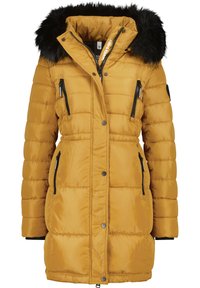 Gevoerd jack in mosterdgele kleur, met een afneembare capuchon van zwart bont, ritszakken en een getailleerd ontwerp.