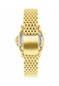 Goldfarbene Uhr mit einem geflochtenen Metallarmband, rundem Gehäuse und einem Metallverschluss. Die Rückseite ist silber mit eingraviertem Text.