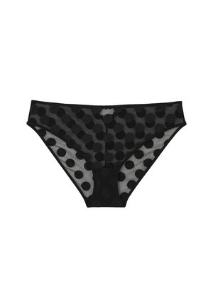 Slip nero semi-trasparente con motivo a pois, realizzato in tessuto morbido. La vita è elastica, garantendo una vestibilità comoda.