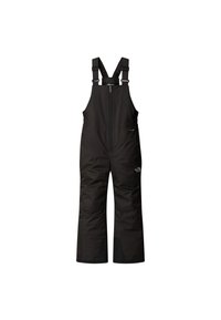 Black insulated snow bib with adjustable straps, front zipper, and reinforced areas. Made from weather-resistant fabric, designed for cold conditions.