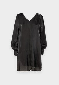 Bluză neagră, transparentă, cu decolteu în V, mâneci lungi și bufante, și o croială lejeră. Dispune de o textură fină și un design ușor, fluid.