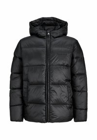 Doudoune noire avec capuche, présentant un design matelassé, un extérieur en nylon brillant, une fermeture à glissière à l'avant et des poignets élastiques.