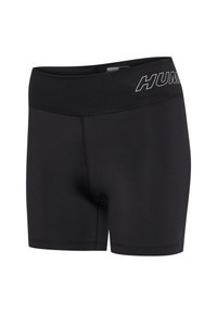 Zwarte sportshorts met een hoge tailleband, een gladde textuur en een wit 'HUM' logo aan de voorkant. Ontworpen voor comfort en flexibiliteit.