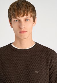 Ruskea neulottu paita, jossa on timanttikuosi, pyöreä kaula-aukko ja hienovarainen logo rinnassa, yhdistettynä valkoiseen paitaan.