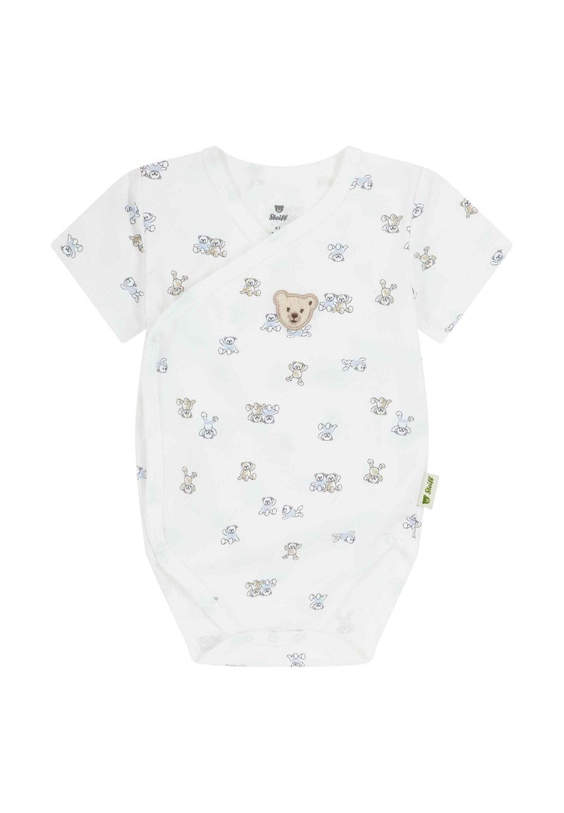 Body neonato bianco a maniche corte con design avvolgente, caratterizzato da motivi di orsetti e conigli pastello e un'applicazione di orso sul davanti.
