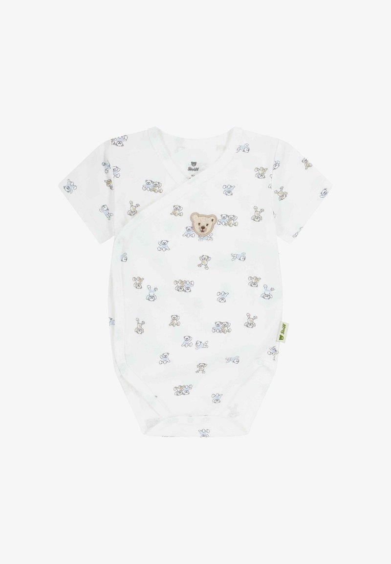 Bodysuit blanc à manches courtes pour bébé avec un design en wrap, arborant des motifs de ourson et de lapin dans des teintes pastel, et une applique d'ourson sur le devant.