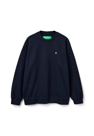 Marineblauwe sweatshirt van katoen, met een ronde hals, geribde manchetten en een klein wit logo op de borst. Zachte textuur, comfortabele pasvorm.