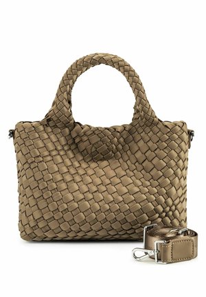 Bolso de mano de cuero tejido marrón con asas redondeadas y correa para el hombro a juego y desmontable con cierres metálicos.
