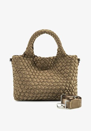 Bolso de mano de cuero tejido marrón con asas redondeadas y correa para el hombro a juego y desmontable con cierres metálicos.