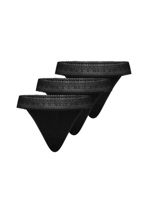 Three black lace-trimmed women's thong underwear, stacked and fanned out on a white background.