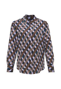Chemise à manches longues boutonnée avec un motif à carreaux diagonaux marron, marine et blanc et un col pointu.