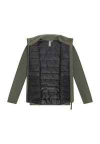 Oliivinvihreä takki, jossa on vetoketjullinen etuosan suljenta, kontrastivärinen musta tikattu vuori ja huppu. Sisäpuolella ommellut pehmustetut osiot lämmöneristystä varten.