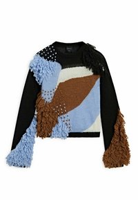 Schwarzer Strickpullover mit abstrakten Formen in Blau, Braun und Creme. Strukturierte Fransen an Ärmeln und Vorderseite. Rundhalsausschnitt.