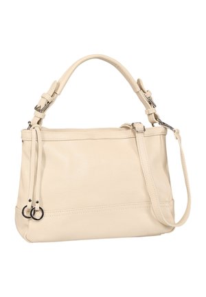 Cream leather handbag with adjustable shoulder strap, zipper closure, and decorative pull tabs with metal rings.
